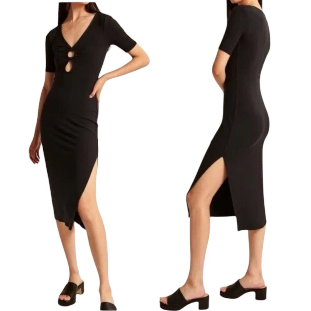 Abercrombie & Fitch O Ring Knit Midi Dress Ribbed Stretch Black Size Medium Tall